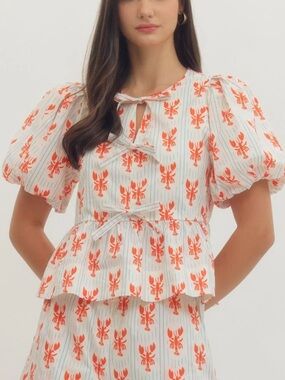 NEW White striped Puff Sleeve Top with Coastal Lobster Print Bow Front